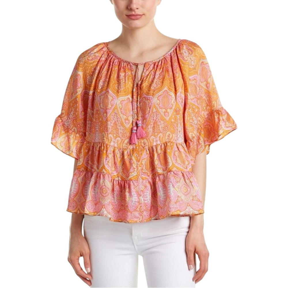 Calypso St. Barth Espazi Printed Silk Flutter Sleeve Top Large Resort Bohemian - Picture 4 of 10
